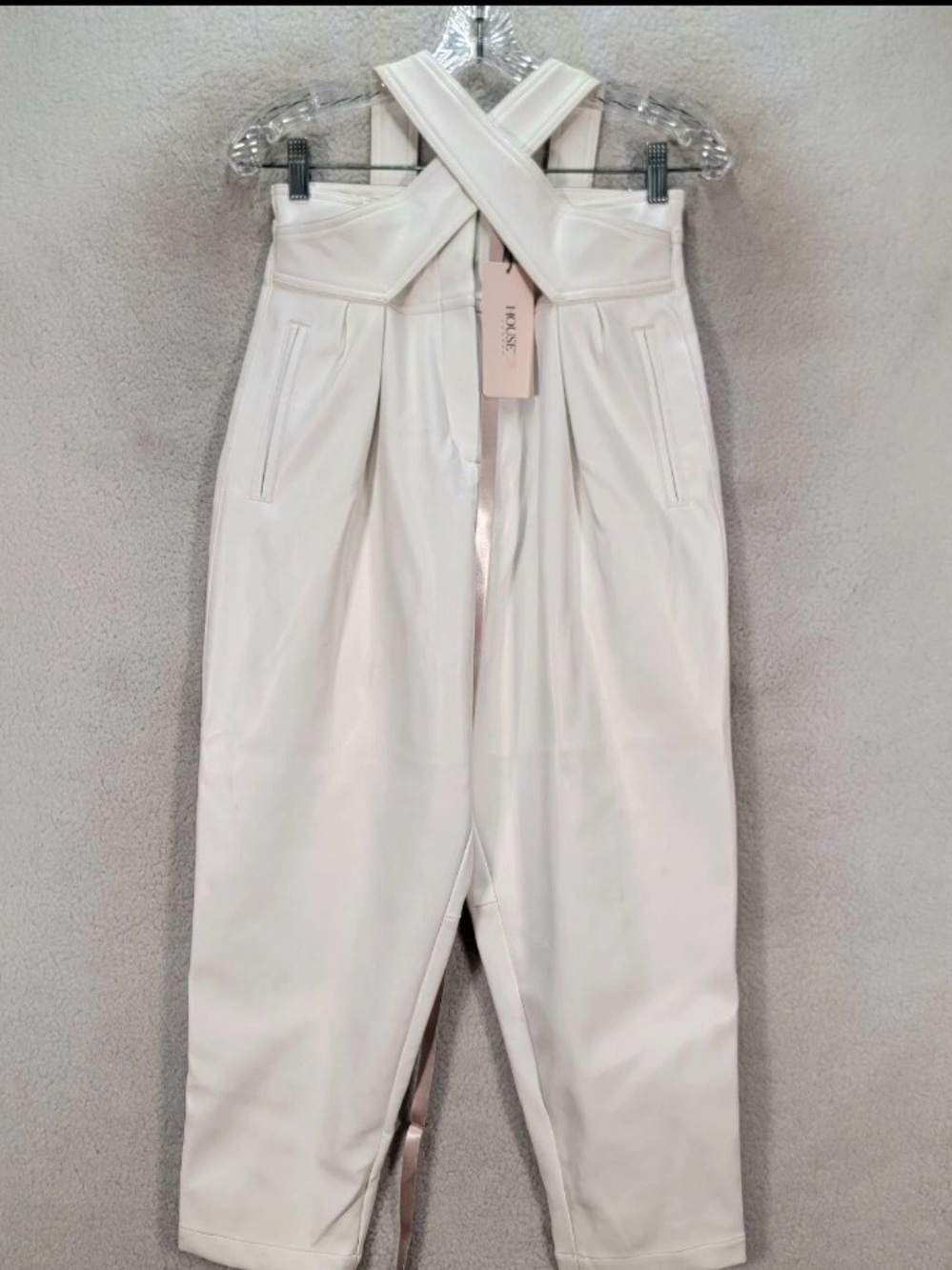 NWOT House of CB Cream High-Waist Criss-Cross Faux Leather Pants / Trousers Sz S